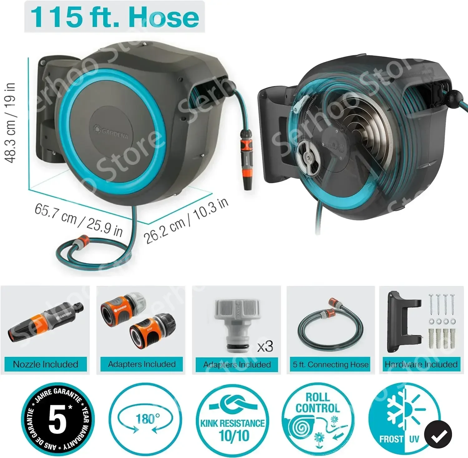 GARDENA 115' ft. Wall Mounted Retractable Hose Reel, Black and Turquoise