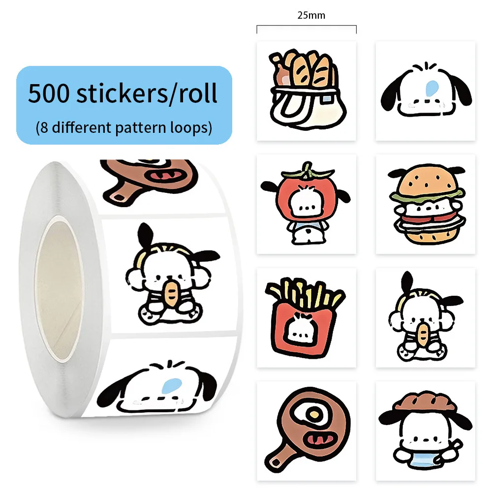 

500pcs/Roll Cartoon Cute Sanrio Pochacco Roll Sticker Creative Decoration Mobile Phone Case Notebook Water Cup Toy Gifts Decals