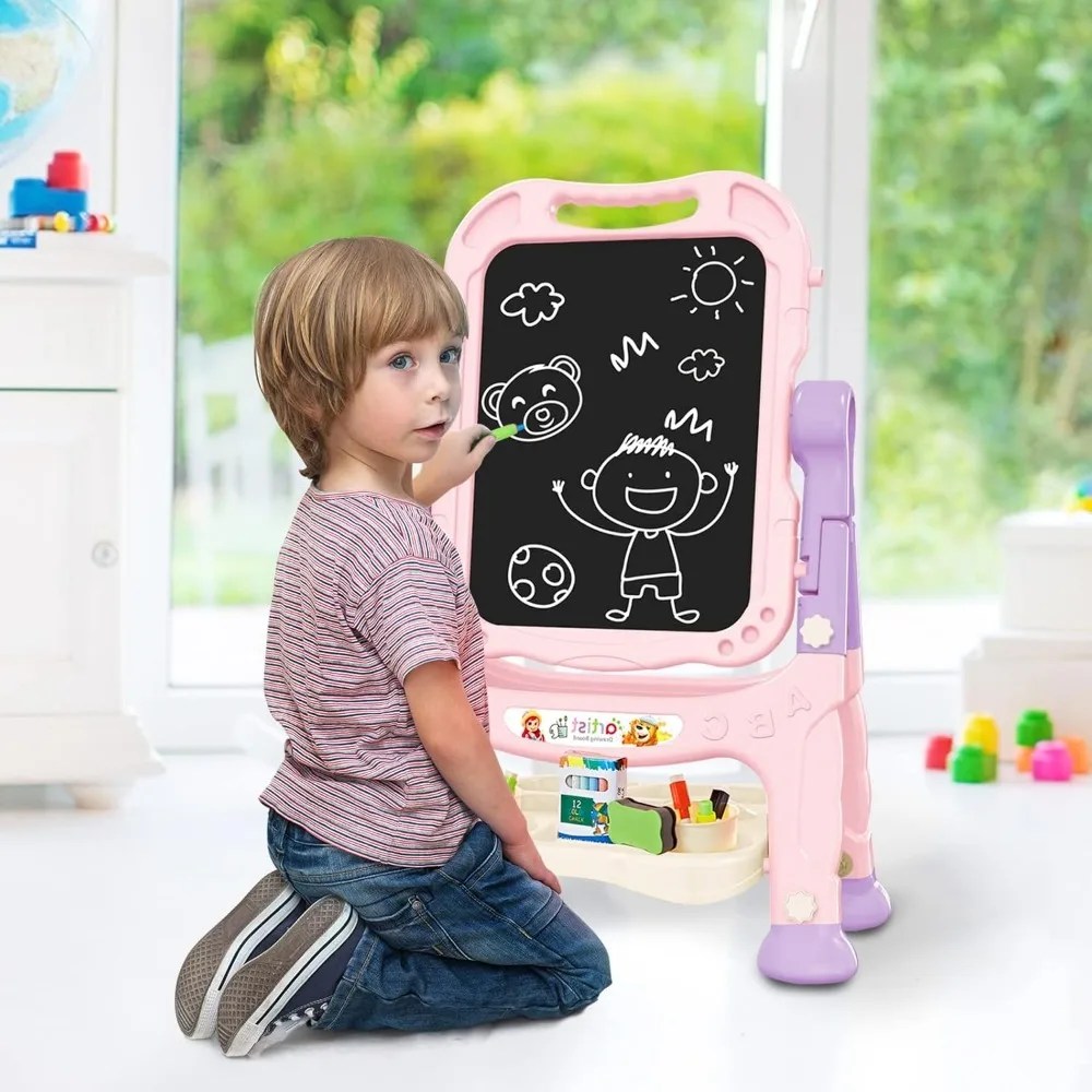 Amagoing Easel for Kids, Adjustable Standing Art Easel for Toddler, Double Magnetic Drawing Board with Painting Accessories