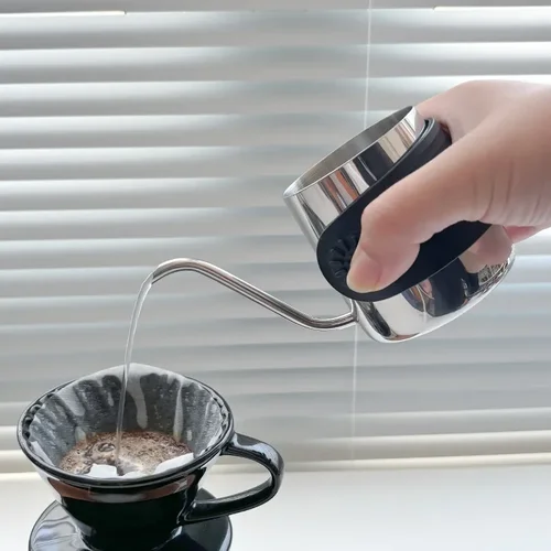 화상 방지 미니 핸드 브루잉 주전자, 304 스테인리스 스틸 드립 백 커피 도구, 긴 슬림 주둥이 포트 및 단열 패드