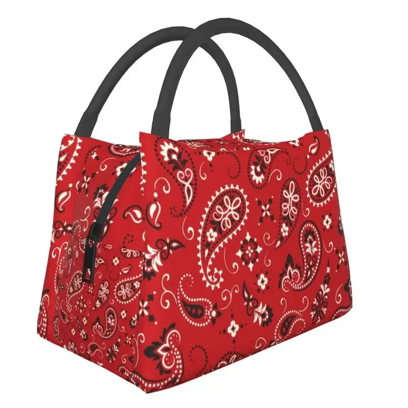 

Fashion Red Bandana Pattern Insulated Lunch Bags for School Office Leakproof Thermal Cooler Bento Box Women