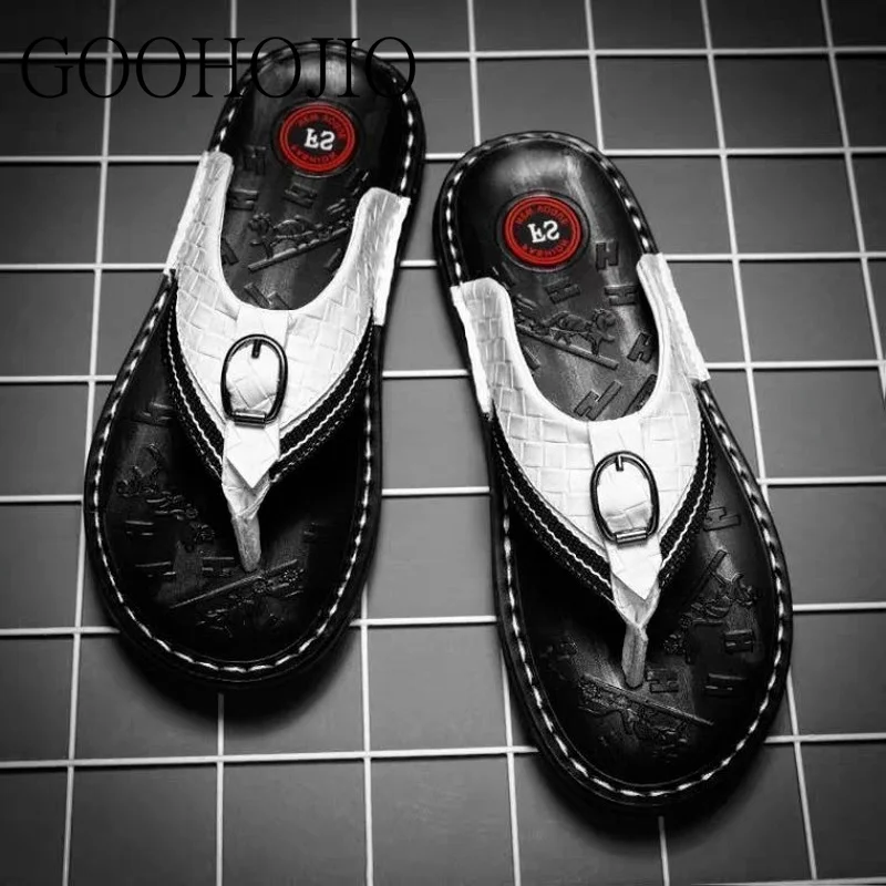 Summer Men Shoes High Quality Cow Split Leather Men Sandals Slip-on Beach Men Slippers Male Flip Flops Slippers Wear-resistant