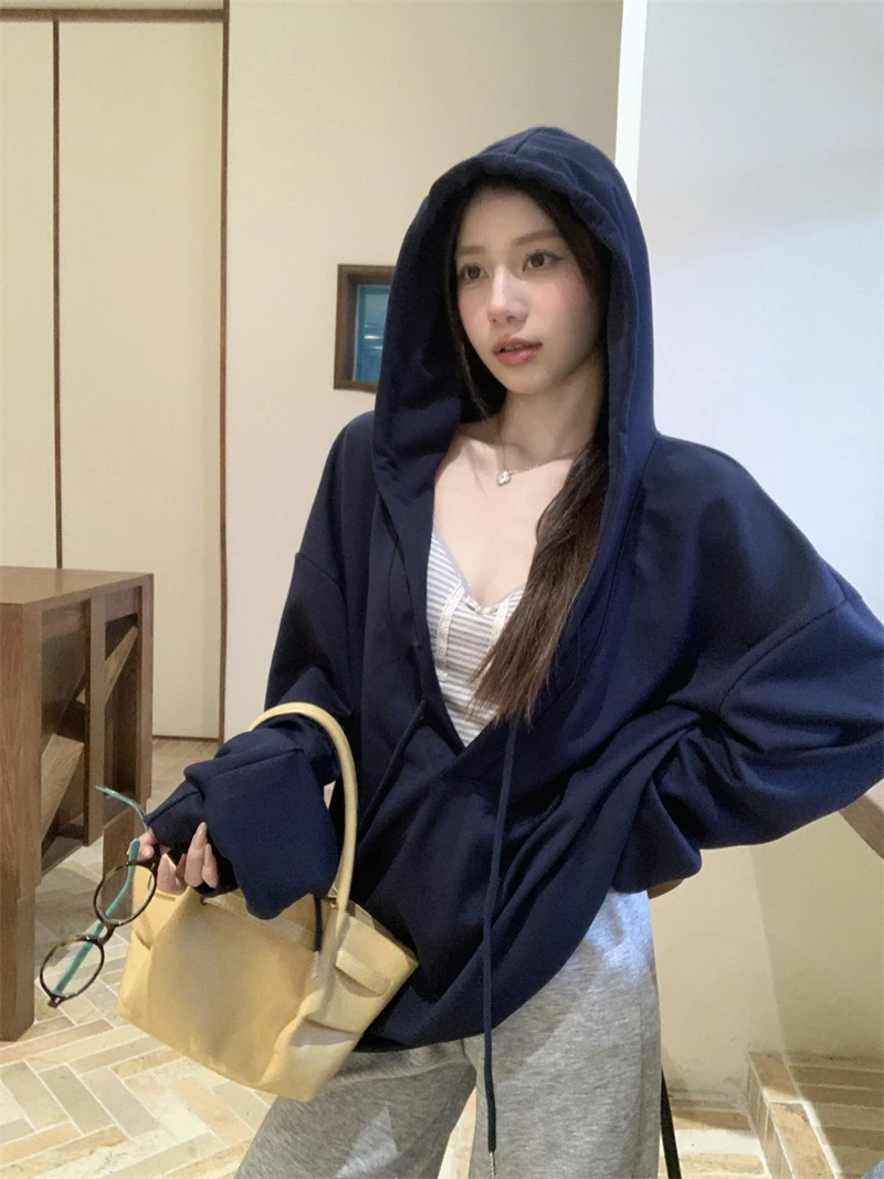 เสื้อฮู้ดทรงหลวมผู้หญิง สีฟ้า สไตล์ลำลอง อเนกประสงค์ สไตล์เกาหลี แขนยาว มีเชือกผูก ใส่สบาย สำหรับฤดูใบไม้ร่วงและฤดูหนาว สินค้ามาใหม่