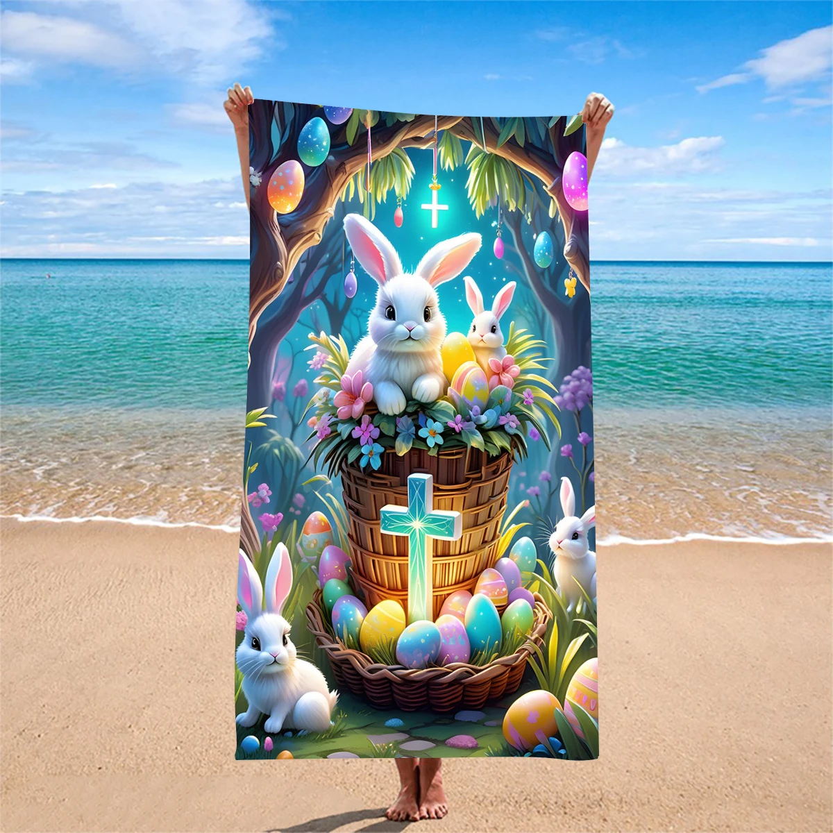1PC Serviette de plage grande taille, motif lapin de dessin animé, avec panier à œufs intégré, au design esthétique et apaisant, idéale pour les vacances à la plage, la relaxation et le jeu