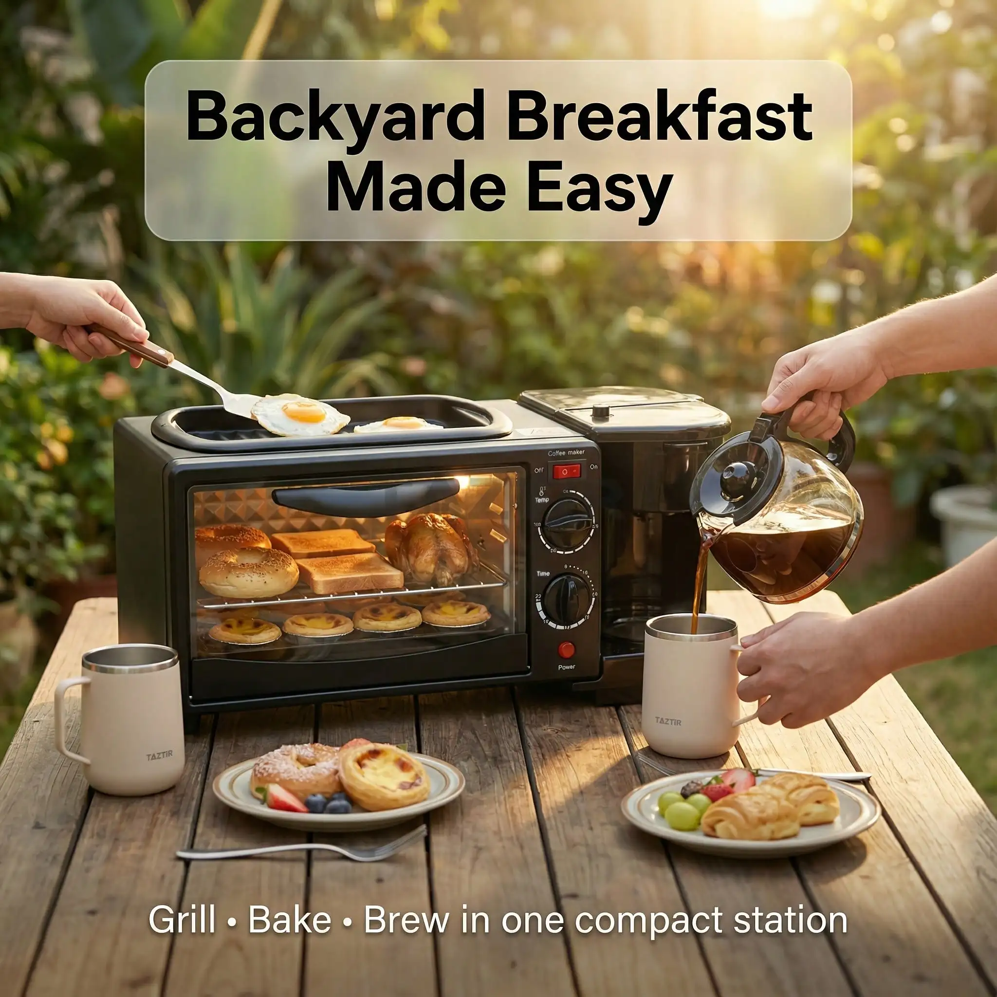 4-In-1 Portable Breakfast Station - Bake, Toast, Pan-Fry & Brew Coffee/Tea, 60-Min Timer, Easy-Clean & User-Friendly Knobs - Black, Modern Kitchenware, Outdoor Cooking, Sleek Design, Sturdy Construction, Multifunctional Appliance,  sv25083148412147737
