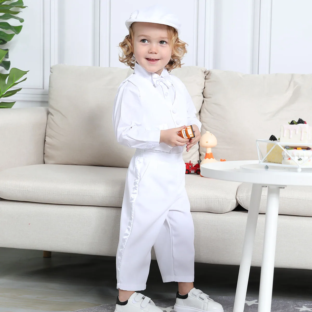 Baby Boy Baptism Outfit Infant White Christening Suit with Hat Toddler Wedding Birthday Party Clothing Long Sleeved Tuxedo 5PCS