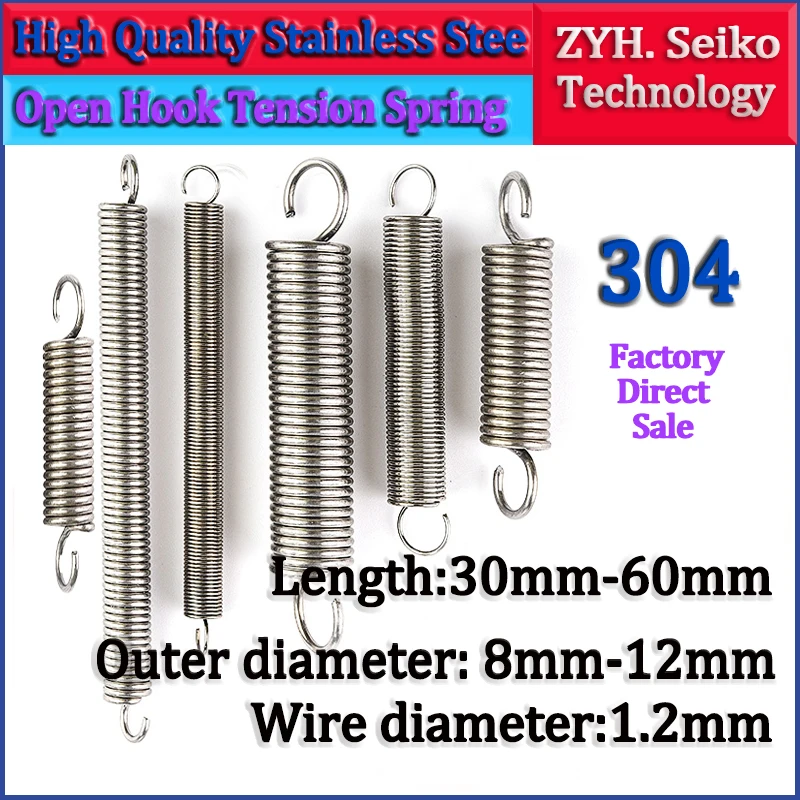 

304 Stainless Steel Tension spring 1.2*8-12mm Wire diameter S Hook Round hook Coil Pullback Extension Tension metal Spring wire