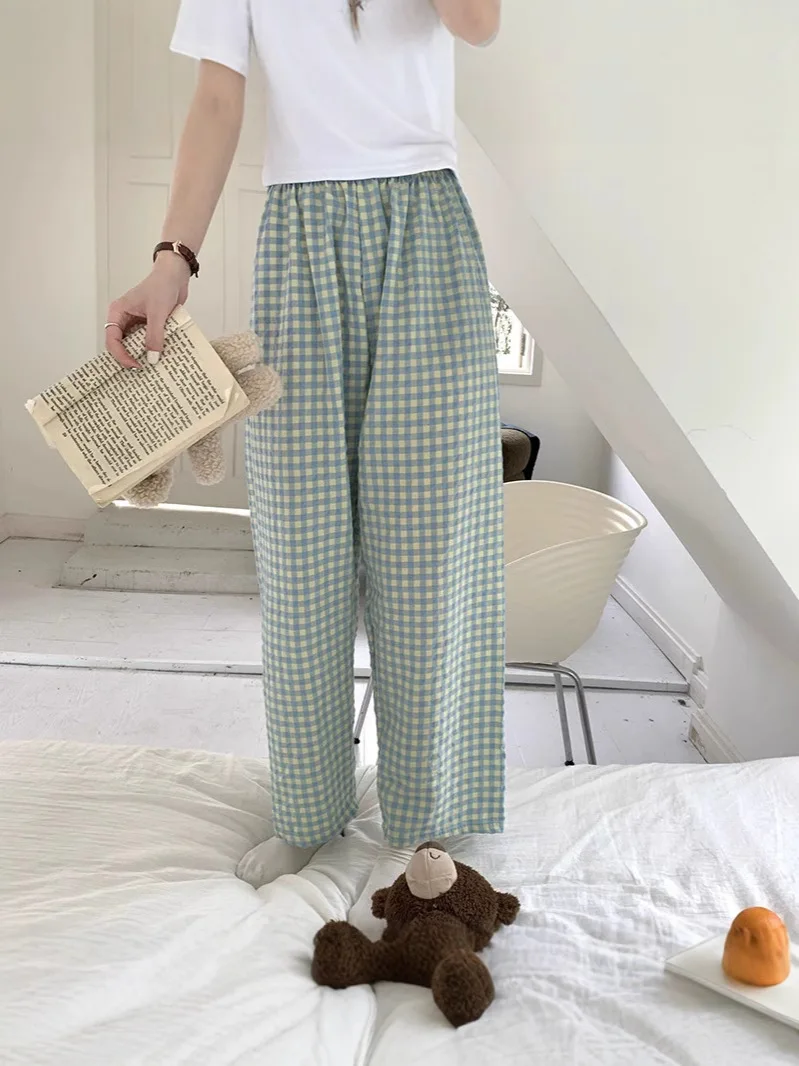 

Летние свободные женские брюки в клетку для сна, тонкие брюки, корейская версия домашних брюк, повседневная пижама с широкими штанинами