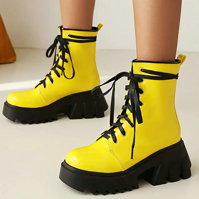 2022 Winter PU Patent Leather Lace-up Yellow Rose Color Platform Motorcycle Women Shoes Square Chunky Wedges Heels riding Boots