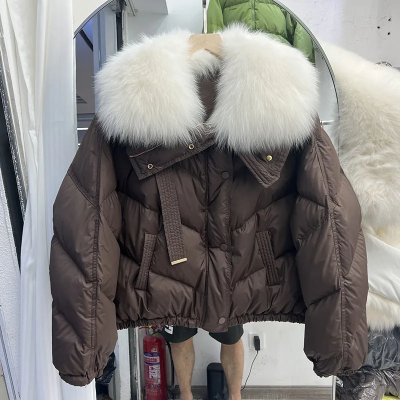 Chaqueta de plumón de pato blanco para mujer, Parka holgada con cuello de piel de zorro Real grande, abrigo corto y cálido para invierno, 2023,