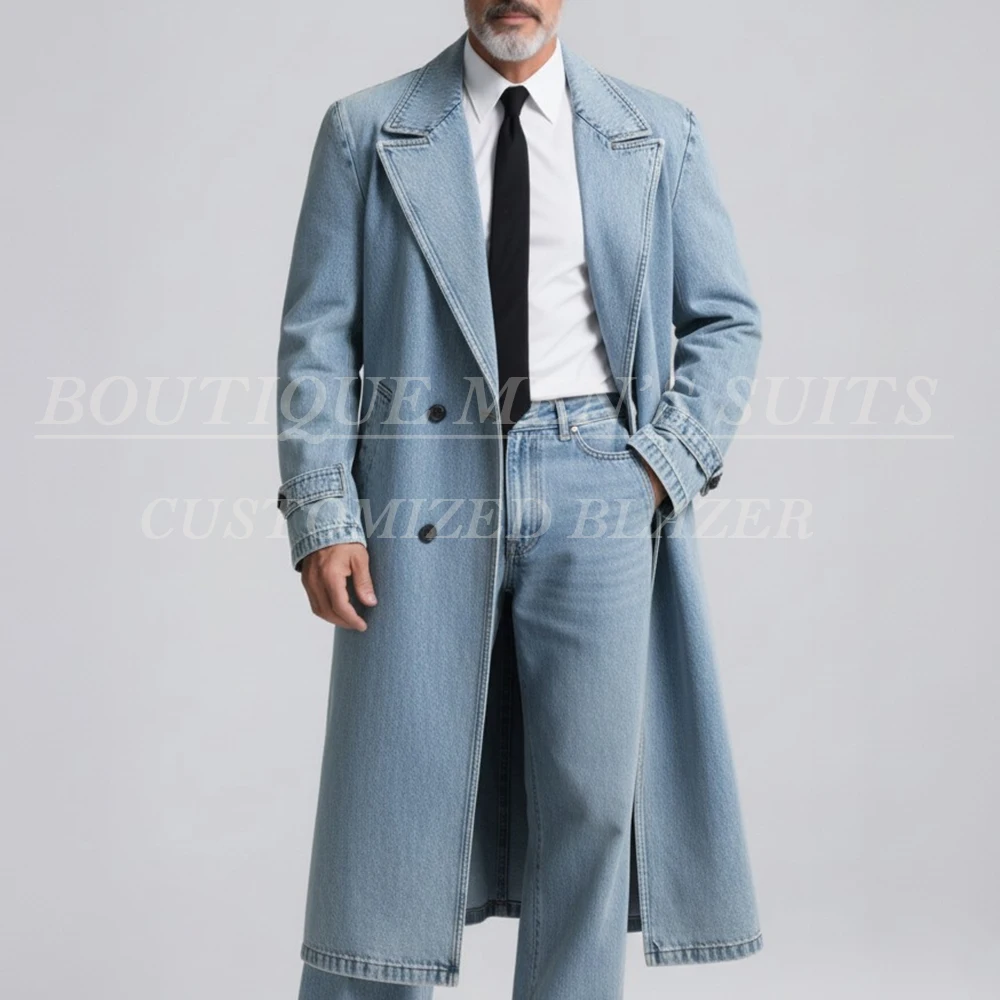 

Fashion Men's Suits Customzied Denim Double Breasted Peak Lapel Long 2 Piece Jacket Pants Full Sets Luxury Male Clothing Costume