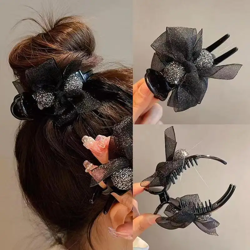 Black Bowknot Hairpin,Back of the Head Bun Hairpin,Updo Gadget,Simple Hairpin,Hair Accessory