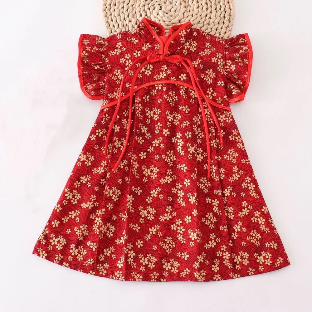 فستان صيني تشيباو فساتين صيفية حمراء للفتيات ملابس غير رسمية للأطفال زي شيونغسام ملابس فتاة عصرية للأطفال