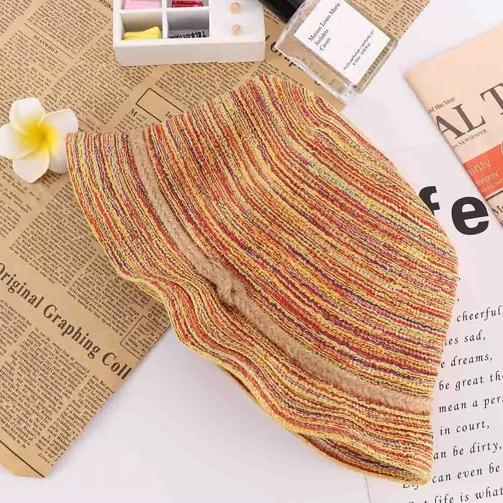 

Cute Lady Panama Fashion Colorful Sun Striped Foldable Straw Hat Summer Beach