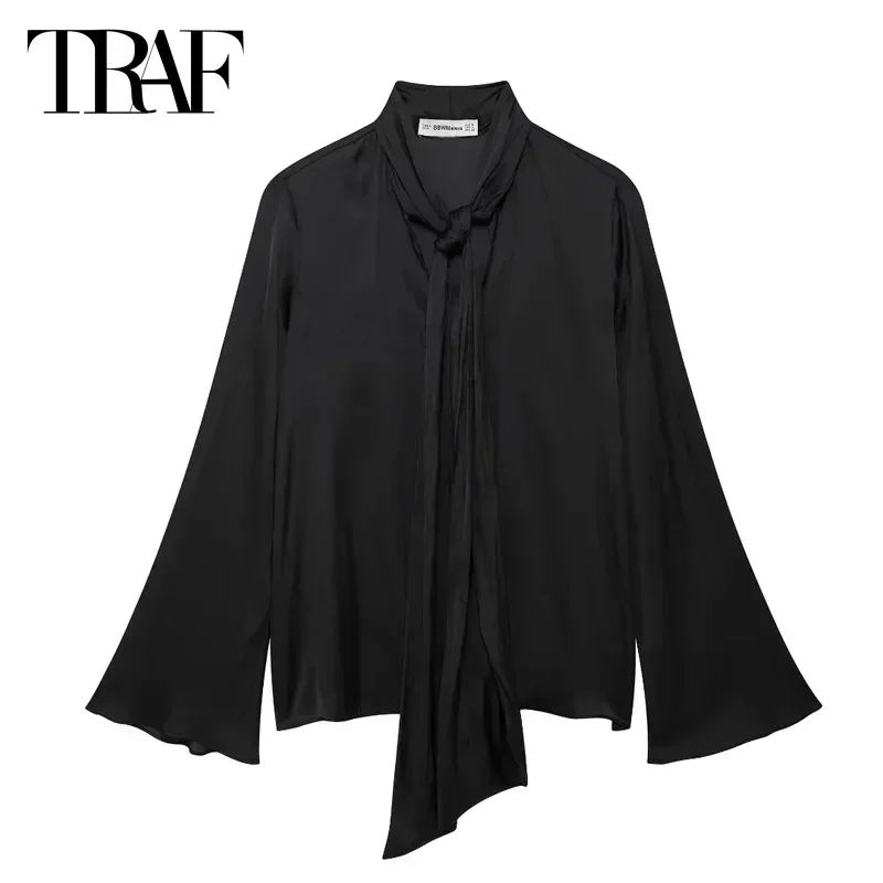 TRAF Bow Tied Blouses Woman 2024 Black Casual Shirts and Blouses for Women Long Sleeve Blouse Female Autumn Holiday Blouse Women