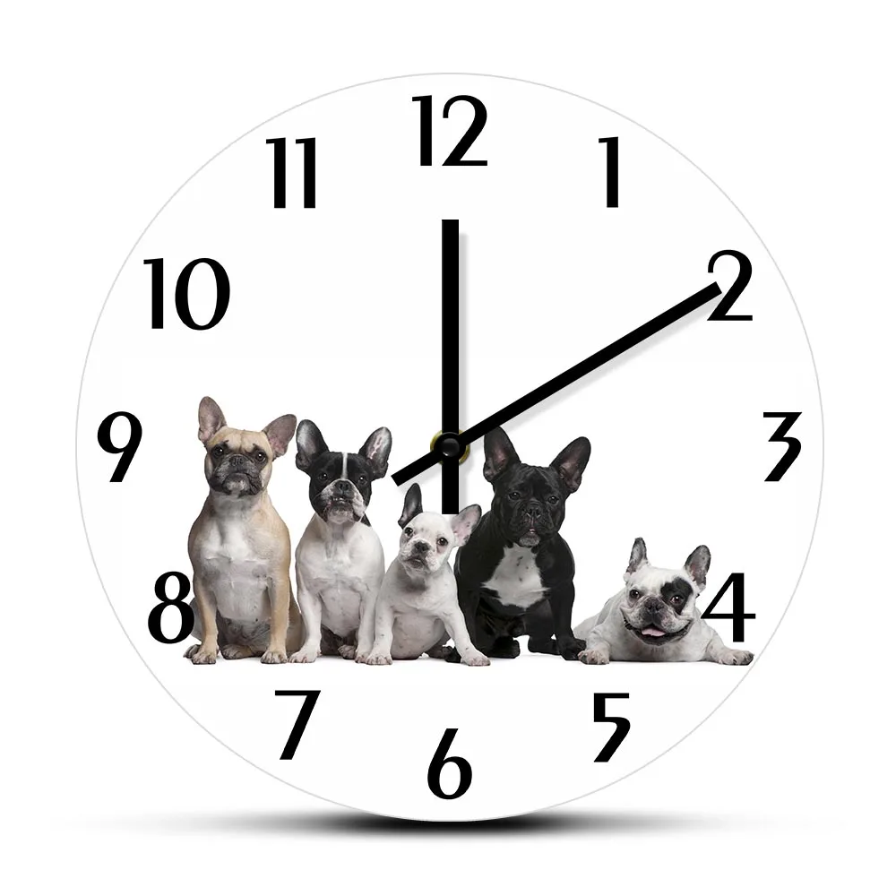 Cute French Bulldogs Wall Clock For Pet Shop Bouledogue Francais Frenchie Puppy Owners Home Decor Timepieces Silent Wall Watch