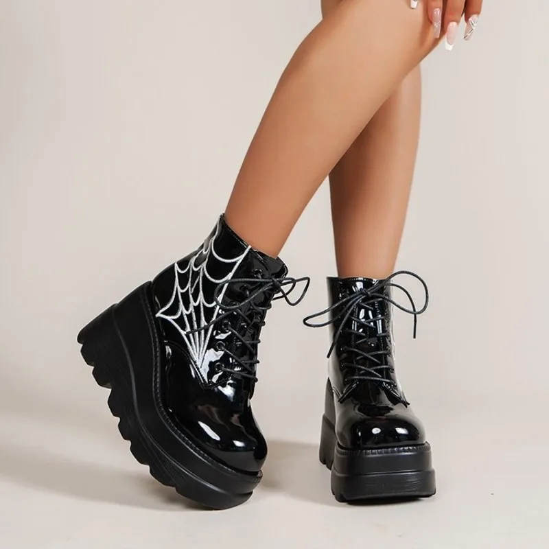 Women's Platform Wedge Boots Round Toe Glossy Patent Look Lace Up Spider Web Detail Ankle Booties Alternative Punk Edgy Footwear