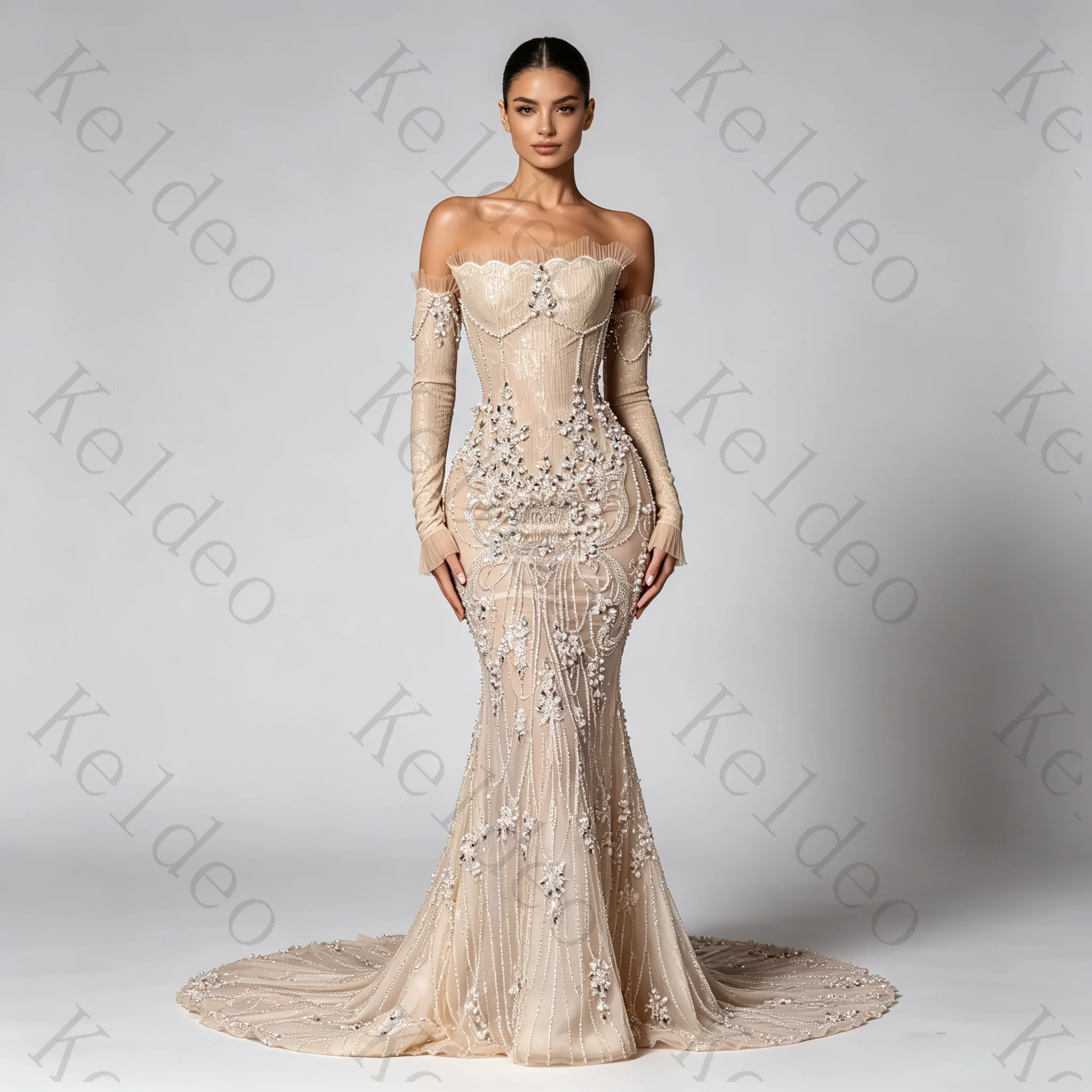Customized Sexy Strapless Mermaid Long Sleeves Wedding Dresses Beaded Crystal Pearls Lace Up Open Back Floor Length Bridal Gowns