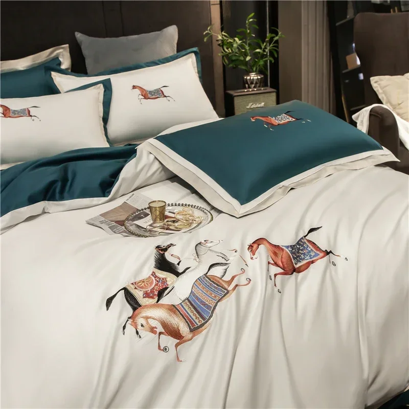 600TC Egyptian Cotton Horse Embroidery Bedding Set, Queen Size, Duvet Cover Set, Bed Sheet, Pillowcases, Luxury, Home Textiles