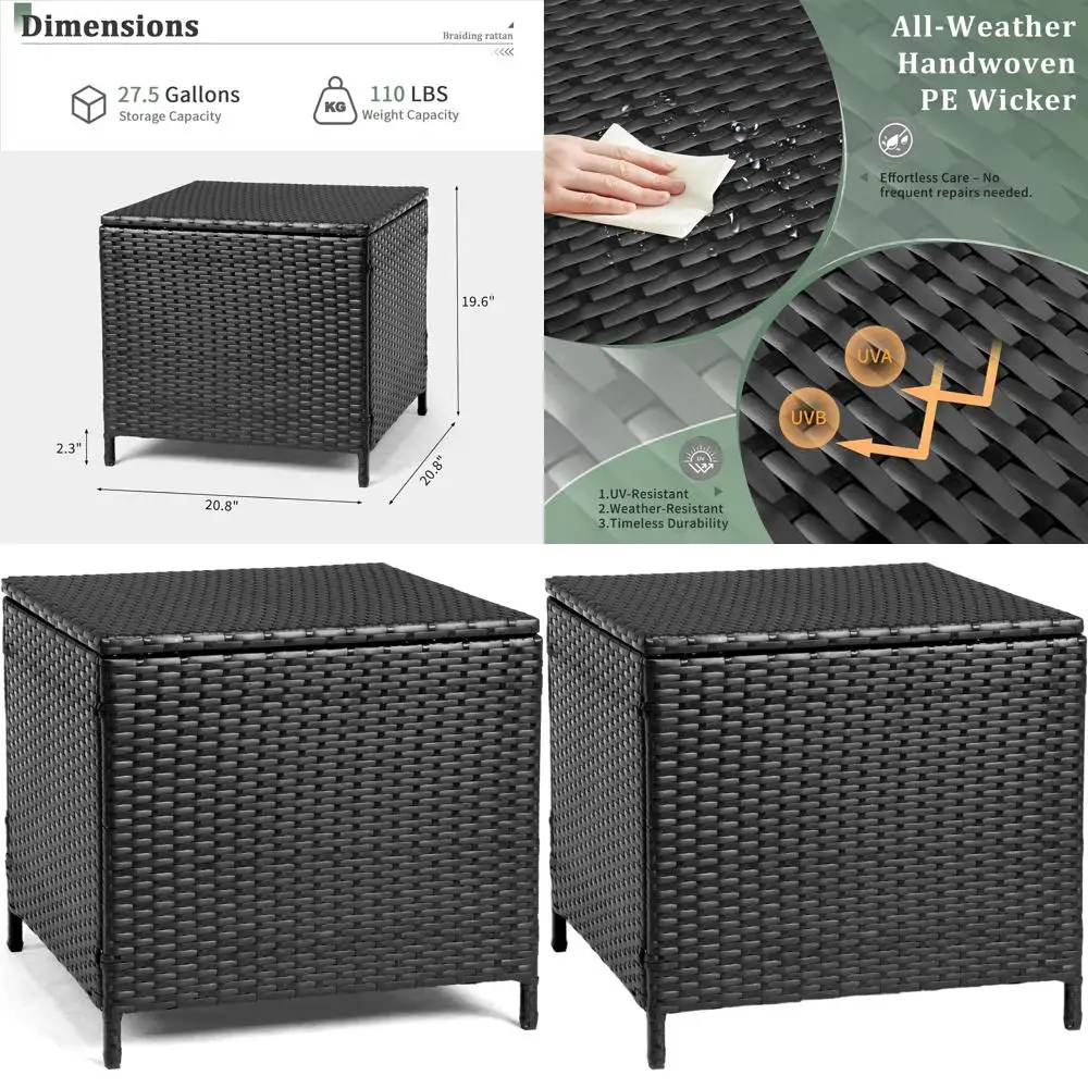 

Черный квадратный плетеный ящик для хранения на открытом воздухе с крышкой, приставной столик для патио, двора и веранды