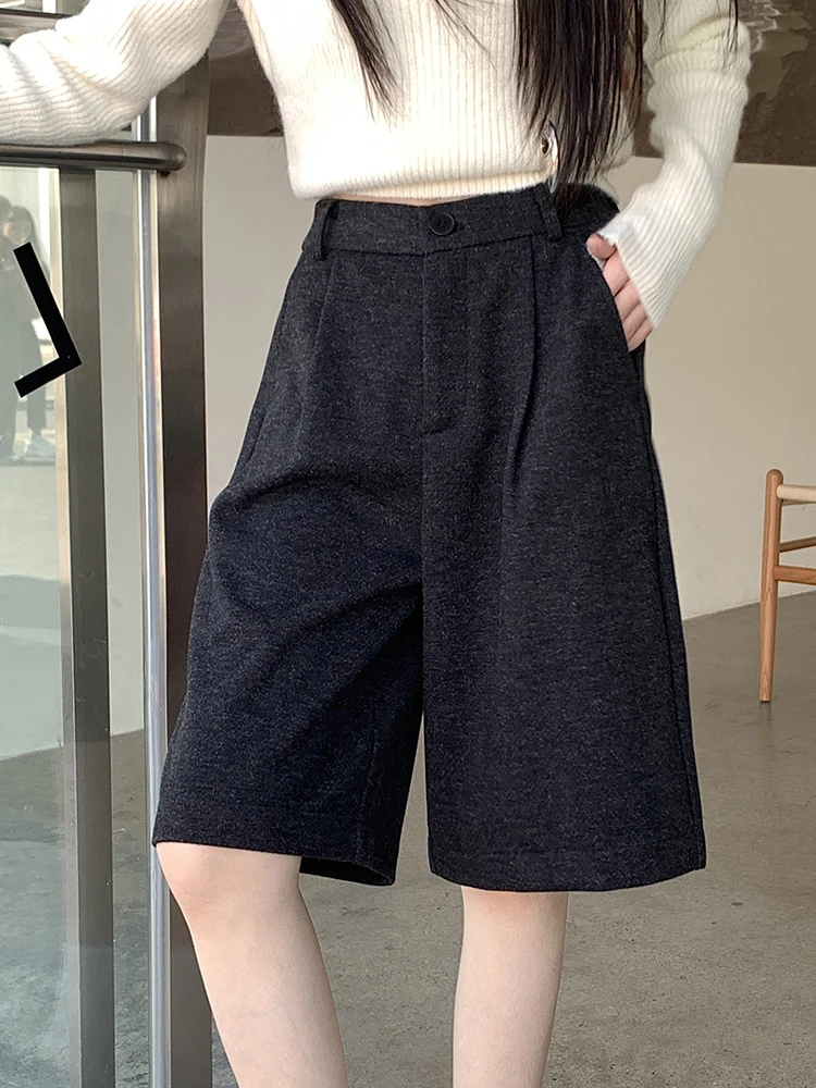 

Woolen Knee Length Pants Women Elastic High Waist Wide Leg Bermuda Shorts Autumn Winter Thick Warm Street Trousers Black Coffee