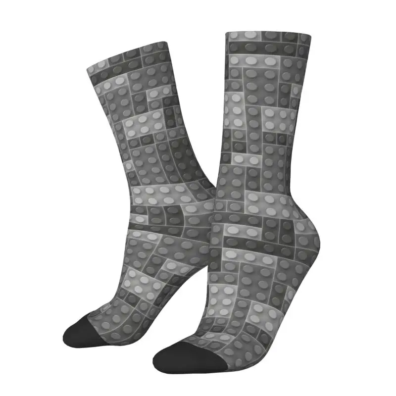 Custom Grey Plastic Toy Block Abstract Odern Pattern Men Women Crew Socks Unisex Novelty 3D Printed Dress Socks