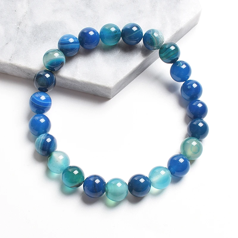 Natural Blue Striped Agates Stone Beads Bracelet Smooth Veins Agates Bangles Round Gem Stone Elastic Rope Handmade Jewelry