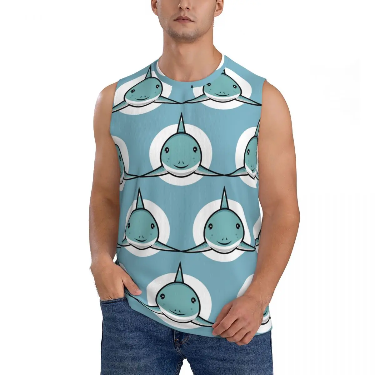 Cute Shark Men Sleeveless Tank Tops Quick Dry Breathable Gym Fitness Running Summer Casual Sport Vest