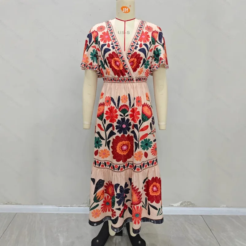 2025 여름 보헤미안 크로스넥 반팔 맥시 드레스 (여성용, 허리 조절 가능, 플로럴 프린트, 루즈핏, 휴가룩)