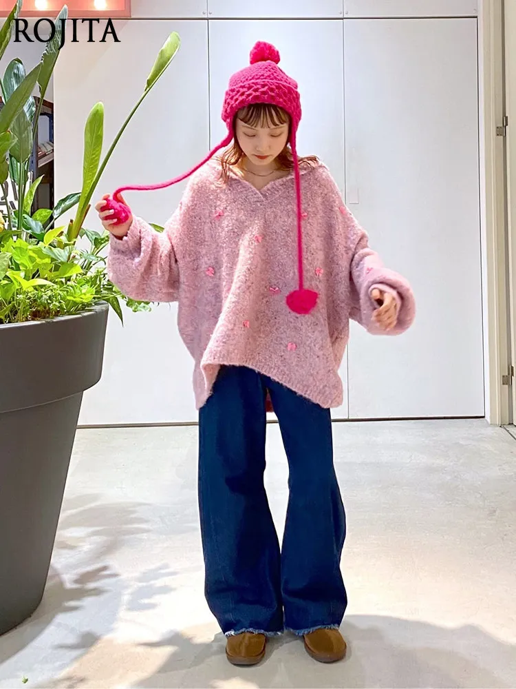 

Новый женский свитер-пуловер в японском стиле с милым бантом, темно-синим воротником, свободного кроя, розовый, с длинными рукавами, 2026