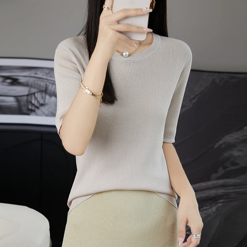 Women Silk Knit Thin Tops 2024 New Classic Summer Wild Short Sleeve T-shirts Female Slim Fashion O-neck High-grade Basic Shirt