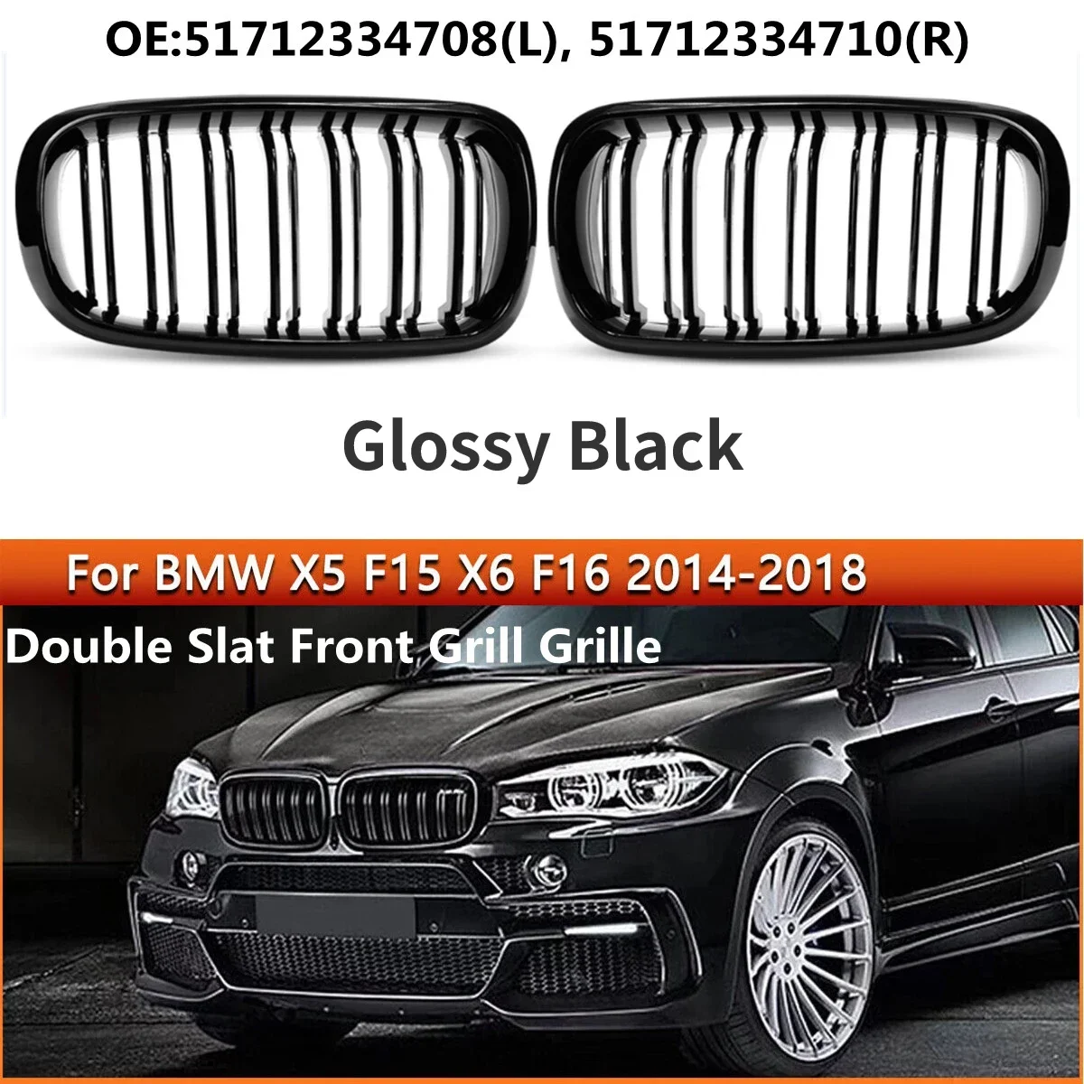 bmw用光沢ブラックレーシングカーグリル、フロントペダルグリル、x5-f15-x6-f16-x5m-f85-x6m-f86-2014-2017、51712334708-51712334710