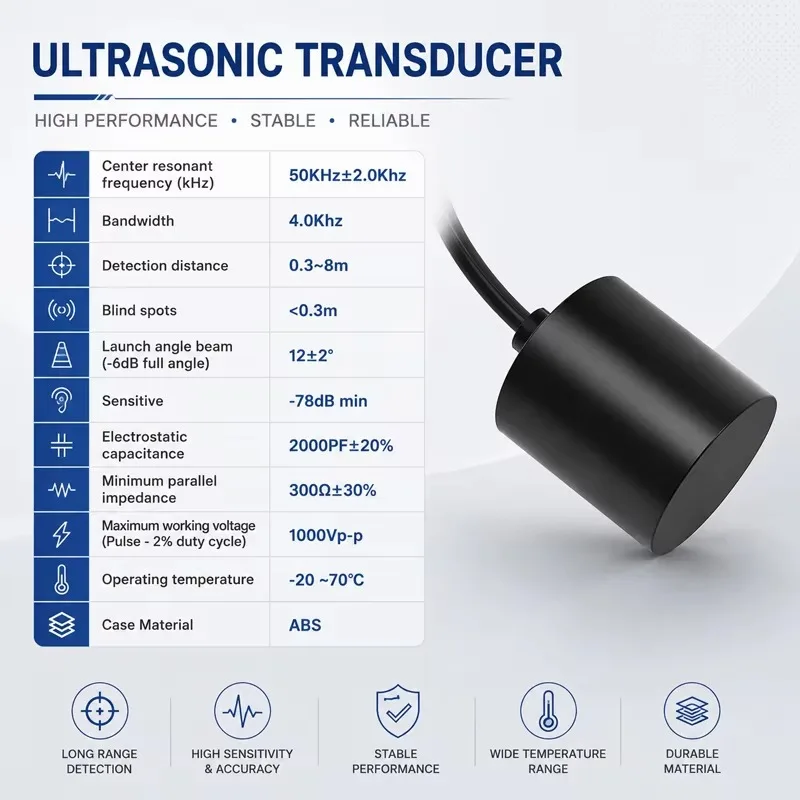 50 kHz Ultrasonic Transducer for Air Distance Measurement with an 8 m Range, Suitable for Robot Positioning Applications