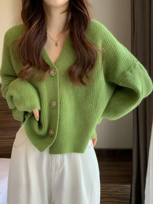 

Laid-ba een Knitted Sweater Design Spring Autumn Women's Top Long Sve V-ne Single Button Closure Pure Color Faion