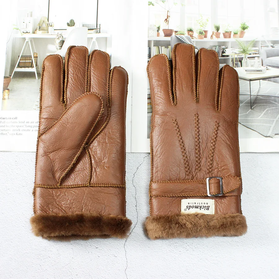 Sheepskin Fur Gloves Men Leather Thick Winter Warm Outdoor Wind and Cold Handmade Sewing Finger New Bickmods Brand