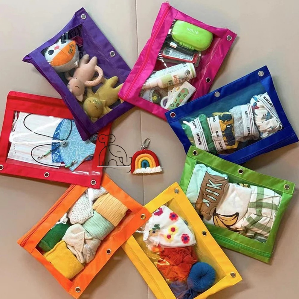 Cute Rainbow Seven Color Storage Bag Stationery Bag Hangable Children Sorting Bag Transparent Oxford Fabric Bag