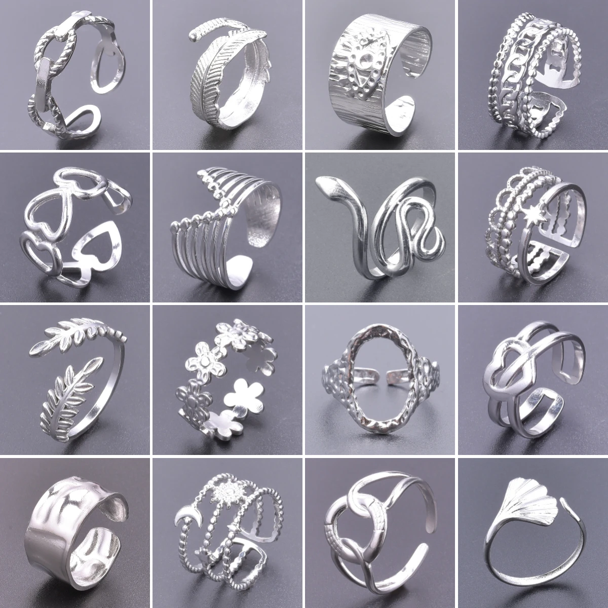 Trendy Steel Color Chunk Star Sun Flower Love Heart Shaped Rings Stainless Steel No Fade Glamour Jewelry Gifts for Women Girls