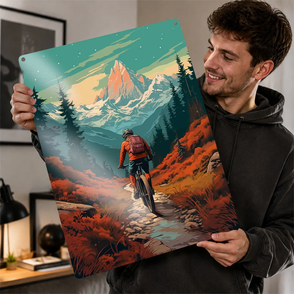 Mountain Biker On Alpine Trail Aluminum Poster Vintage Illustrated Wall Art For Garage Customized Metal Sign Athlete Gift Idea