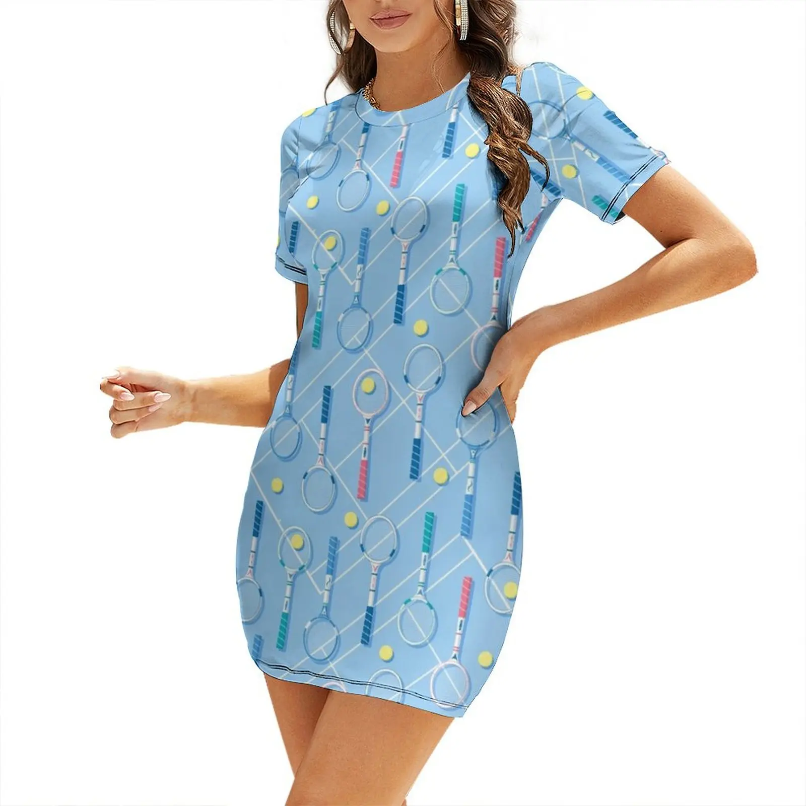 

Retro Tennis Racquets Collection on Blue Court Short-Sleeved Dress women's summer dress 2025 Women long dress