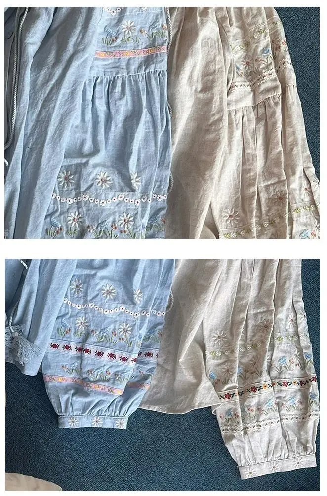 Spring Autumn Women Loose Exquisite Floral Embroidered Cotton Linen Shirts/blouses