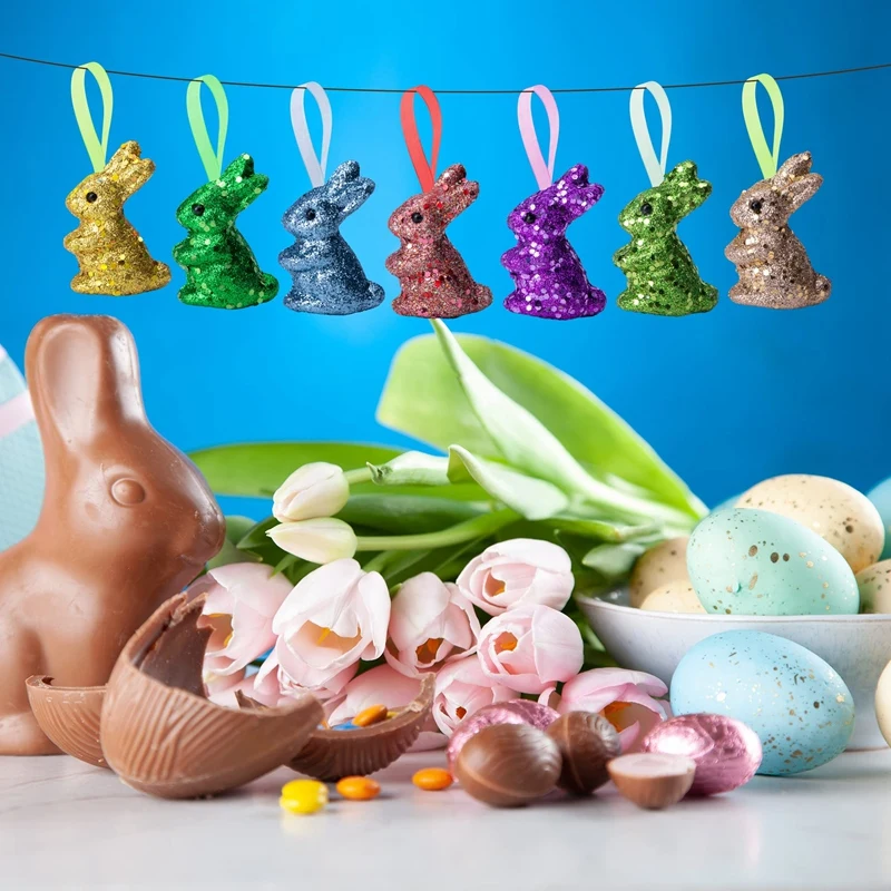 14 PCS Easter Foam Glitter Rabbit Ornament Glitter Bunny Hanging Ornament For Easter Party Supplies DIY Decoration Gift