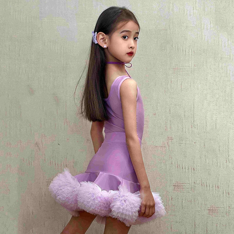 2025 Latin Danskostuum Voor Kinderen Prestaties Kleding Meisjes Tango Salsa Podiumoutfits Paars Mouwloze Oefenset XH 2910