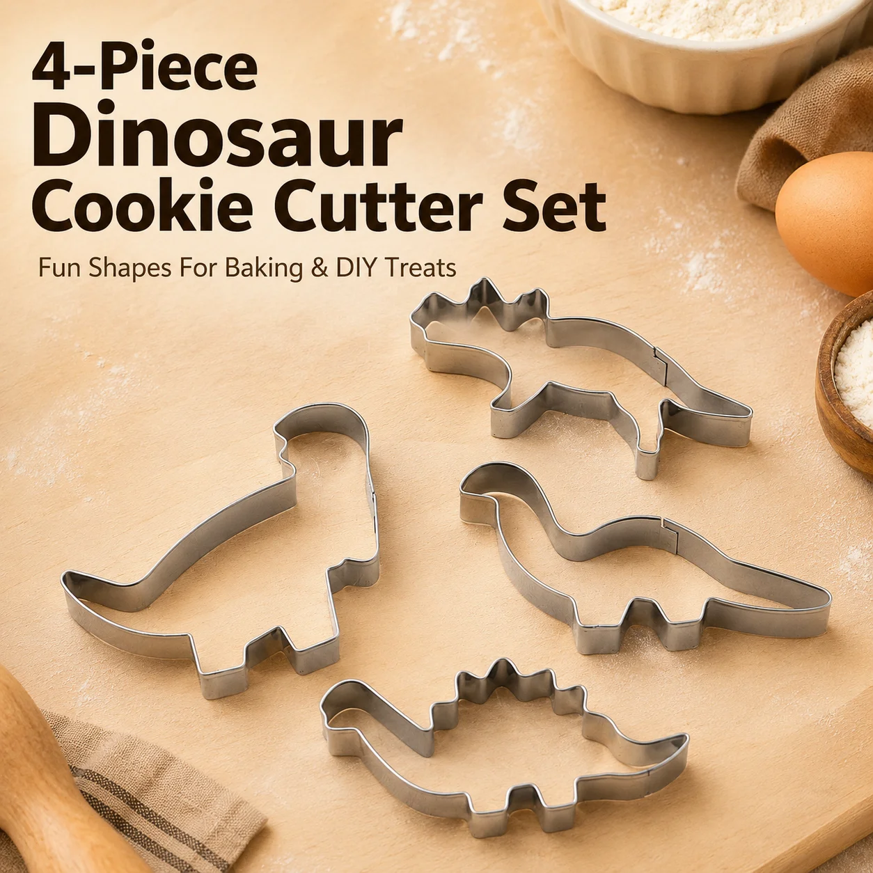 4Pcs Dinosaur Cookie Cutter Set, Metal Baking Molds with Stegosaurus and Long Neck Dinosaur Shapes, Biscuit Dough Fondant Pastry Cutters for Kids Family DIY Baking, Birthday Party Treats and Kitchen Decorating