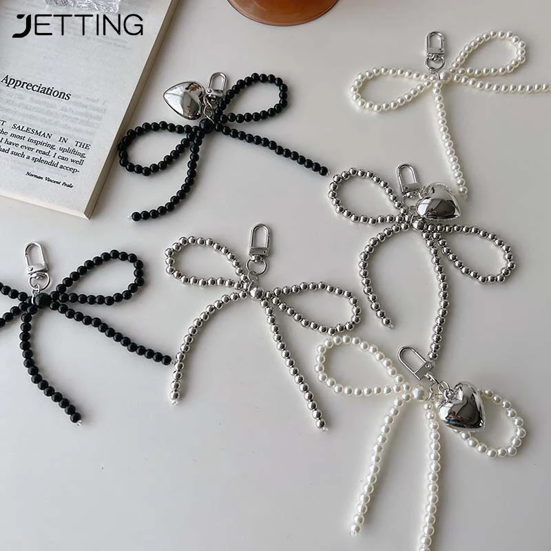 Ins Style Bowknot Beaded Key Chain Three-dimensional Silver Heart Phone Pendant Headphone Case Charm Car Key Ring Bag Decor