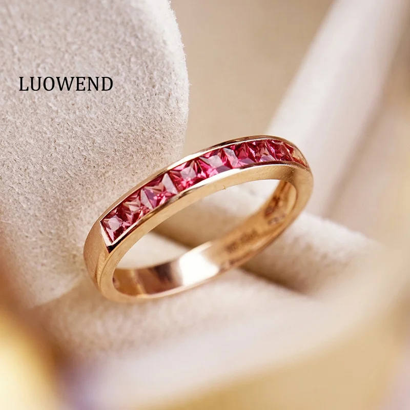 

LUOWEND 18K Rose Gold Rings Romantic Gradient Design Real Natural Padparadscha Gemstone Engagement Ring for Women Party Jewelry