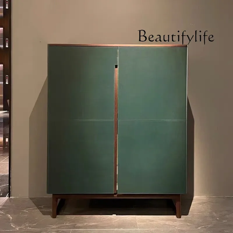 R Italian Minimalist Saddle Leather Wine Cabinet Villa Luxury Home Storage Ash Wood Dining Side Cabinet High-end