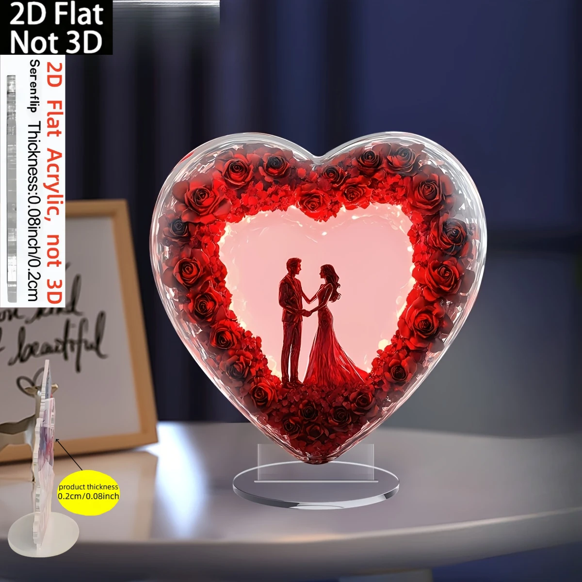 2D Flat, 1pc Valentine'S Day Heart-Shaped Acrylic Desktop Ornament - Bohemian Style Romantic Couple Silhouette with Red Roses, N