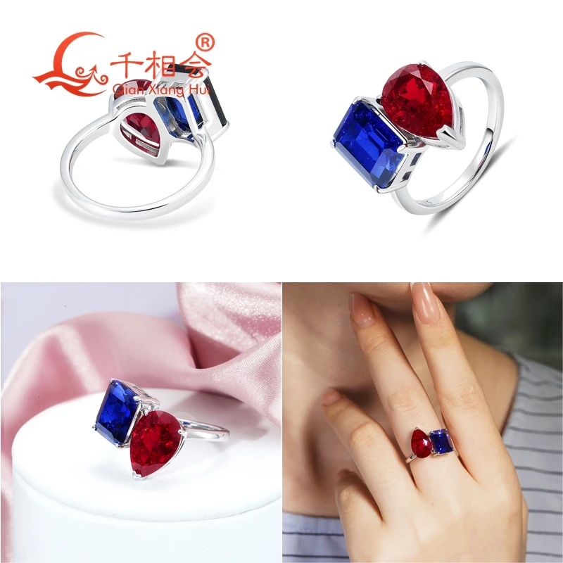 lab grown Pigeon blood red ruby Royal blue sapphire Emerald and pear stone with  Ring Silver 925 Wedding Engagement Women gift