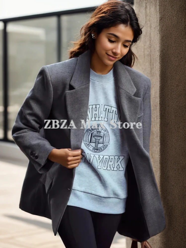 ZBZA Blazer donna allentato spalla risvolto monopetto tinta unita tasca manica lunga ufficio pendolarismo giacca dritta autunno Nuovo cappotto