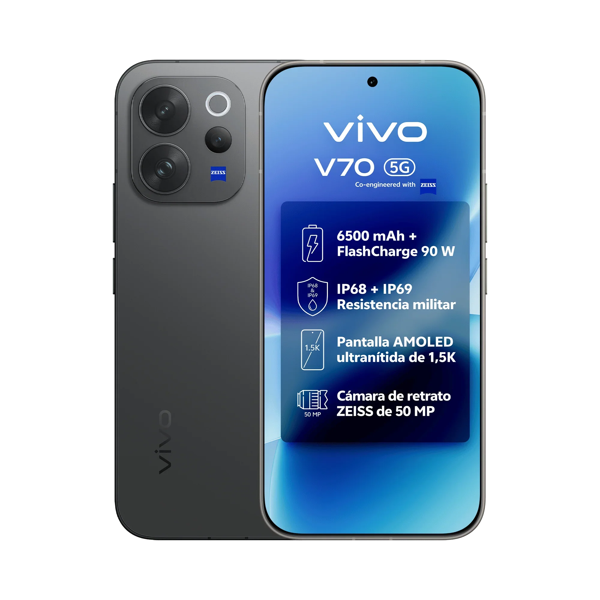 Teléfono – vivo V70 5G Smartphone, 12GB+512GB, Nergo, Versión Española, Sistema de Cámara ZEISS Triple 50MP, Batería 6500mAh y Carga 90W, Pantalla 1.5K AMOLED 120Hz de 6.59", IP68/IP69, Snapdragon® 7 Gen 4, 12GB RAM, Android 16
